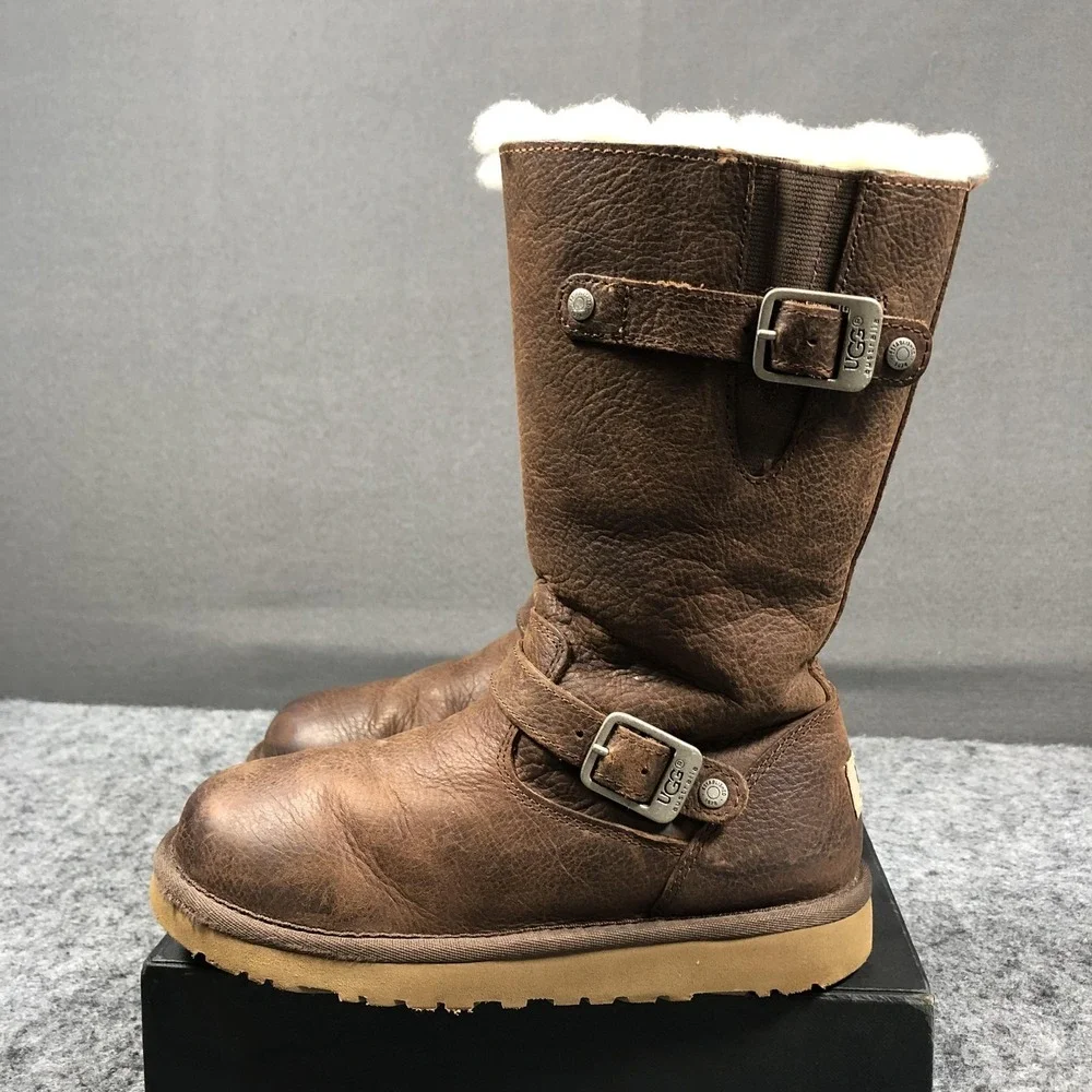 UGG Shearling Boots Girls 3 Brown Leather Zip Buckle Lined 1969 Mid Calf Winter